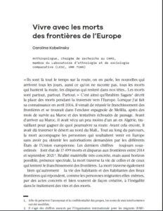 KOBELINSKY, C. (2022). Vivre avec les morts des frontières de l’Europe, in FASSIN, Didier (ed.) Vies invisibles, morts indicibles, Paris, Collège de France, p. 77- 88.
